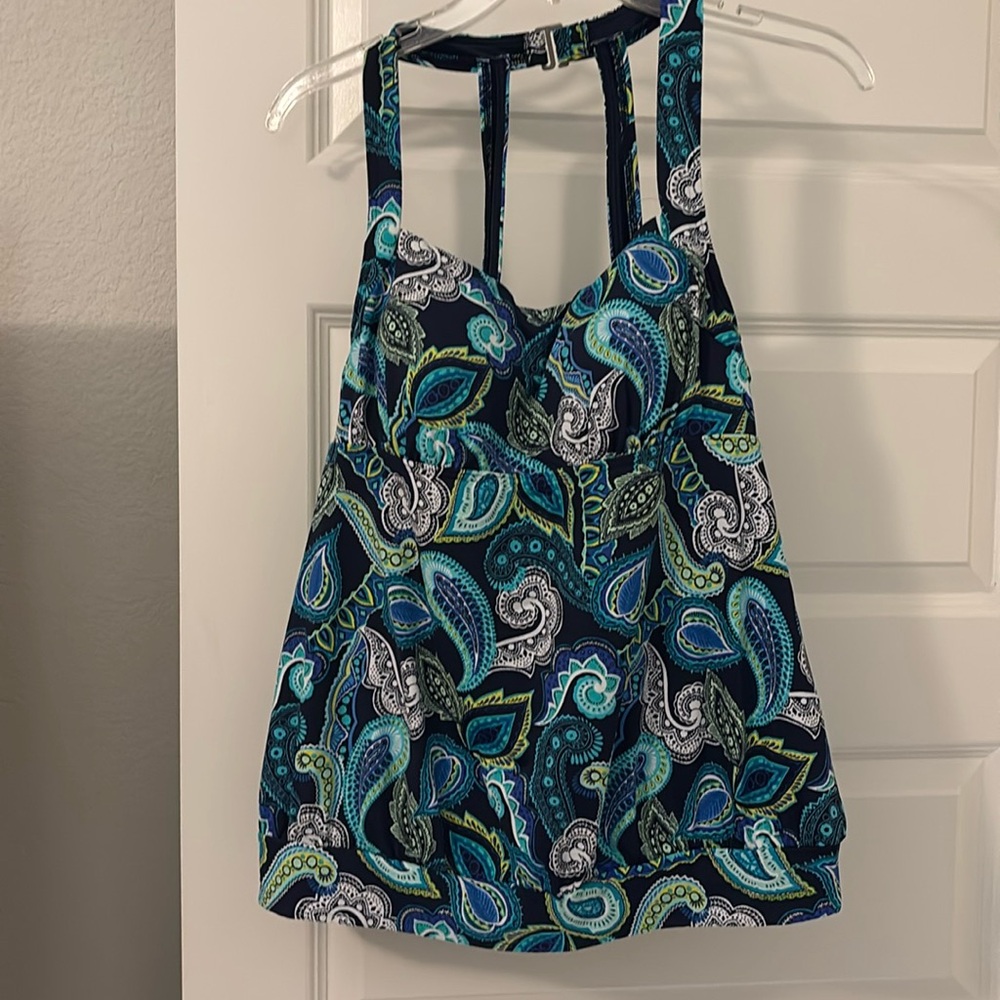 LANDS' END SZ 12 Deep Sea Paisley Blouson Tankini Swim Top blues vacation wear